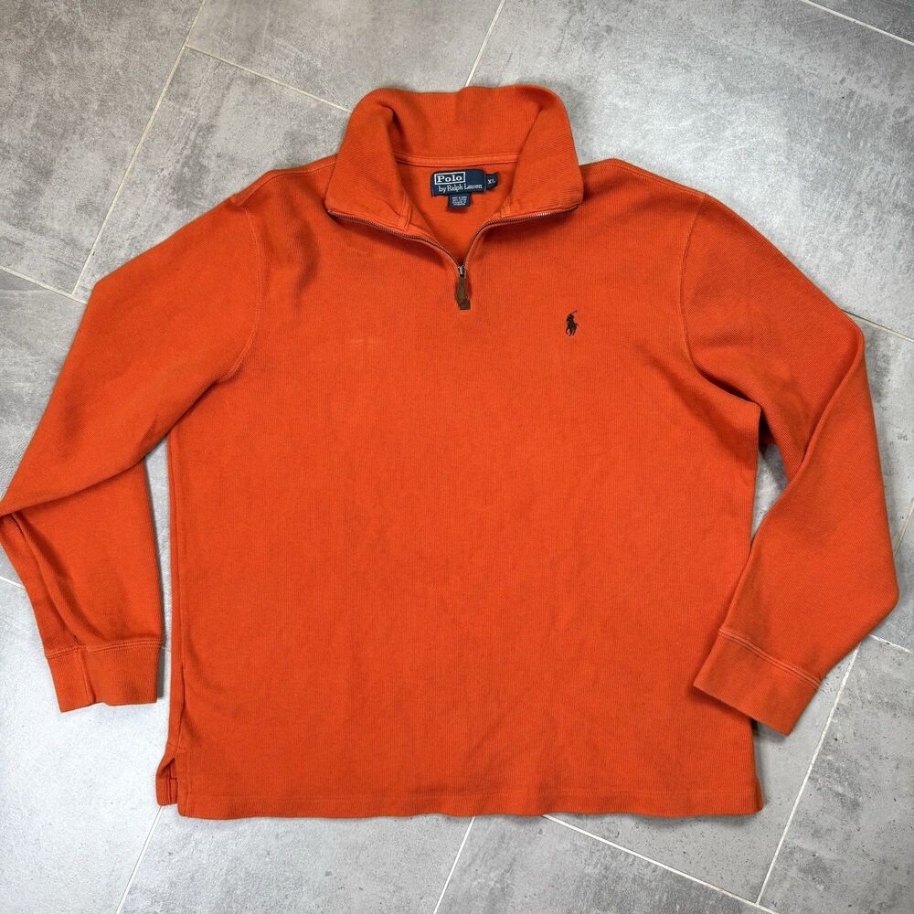 Polo Ralph Lauren Quarter Zip Sweater Mens XL Orange Cotton Brown Pony Logo